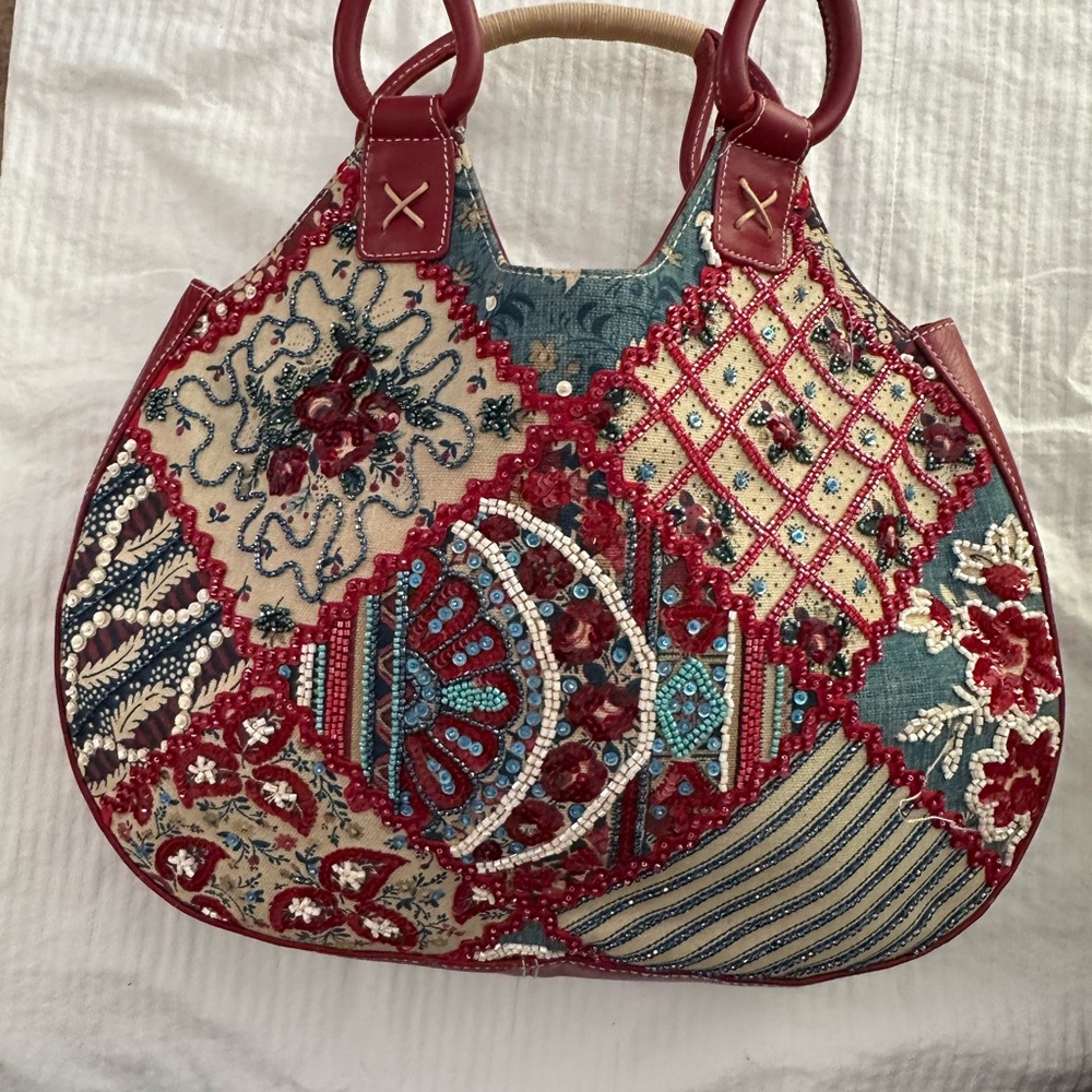Patchwork Embroidered Tote Bag - Red and Blue